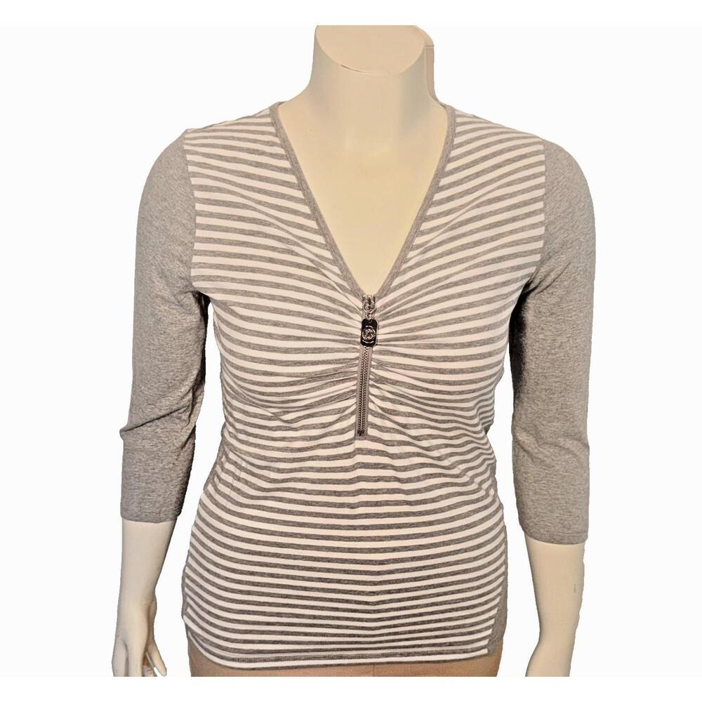 Michael Kors Top Blouse Womens L Gray White Stripe 1/2 Zip V-Neck 3/4 Sleeve